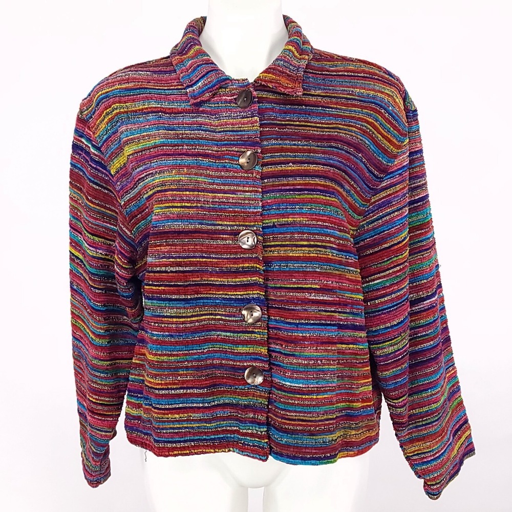 TanTrums Rainbow Striped Corded Jacket Women Multicolor Boho Art to Wear PL